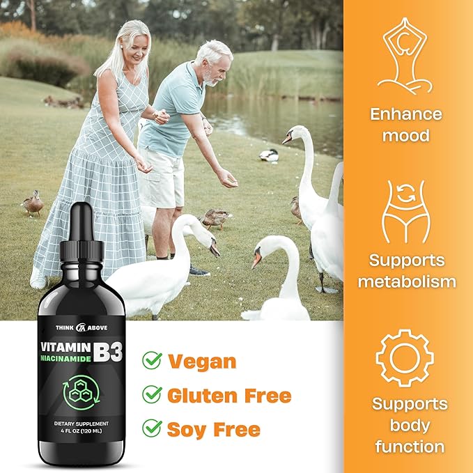 Liquid Vitamin B3 (as Niacinamide) Supplement - Non Flush Form of Niacin - Fast Absorption -Convenient Niacin Drops for Women and Men - 4 oz (120ml)
