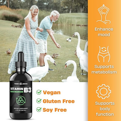 Liquid Vitamin B3 (as Niacinamide) Supplement - Non Flush Form of Niacin - Fast Absorption -Convenient Niacin Drops for Women and Men - 4 oz (120ml)
