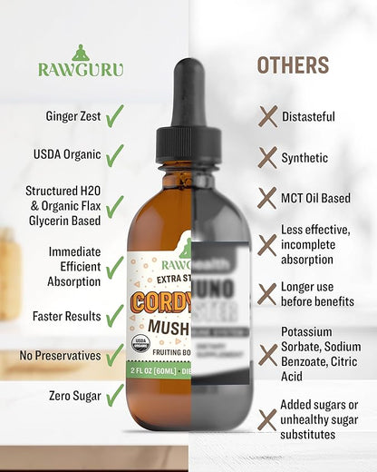 RawGuru Cordyceps Mushroom Supplement - Vegan Cordyceps Extract with Trace Minerals - Nano-Processed Immunity Boost & Cognitive Supplement Tincture - 60 Servings of Vegan Drops per 60 ml, Pack of 1