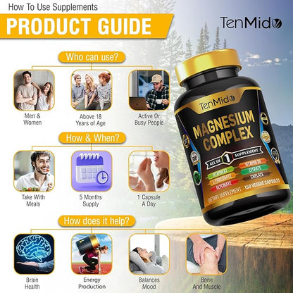 Magnesium Complex Supplement - Combine 10 Types of Magnesium: Glycinate, L-Threonate, Citrate, Chelate, Bisglycinate, Oxide, Malate, Orotate, Aspartate, Taurate - 150 Capsules for 5 Months