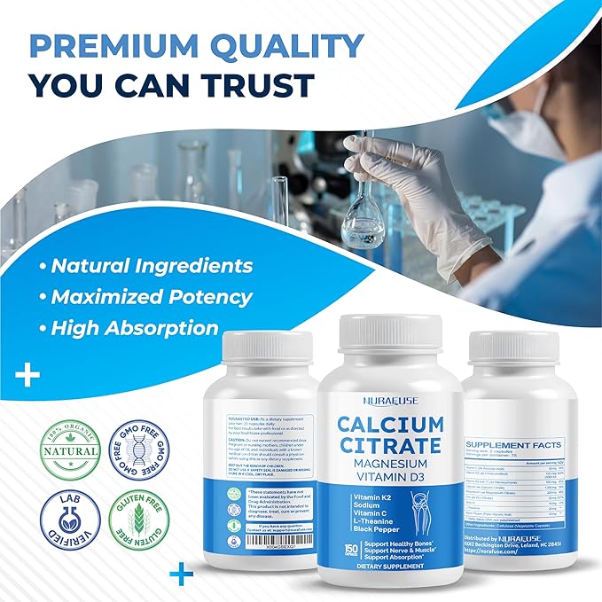 Calcium Citrate Magnesium Vitamin D3 1000IU - Support Healthy Bones, Nerve & Muscle, Absorption - Made and Tested in The USA