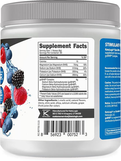 Ketologic Keto BHB (Mixed Berry Flavor) 30 Servings - Exogenous Ketone Supplement with goBHB, Beta-Hydroxybutyrate Salts