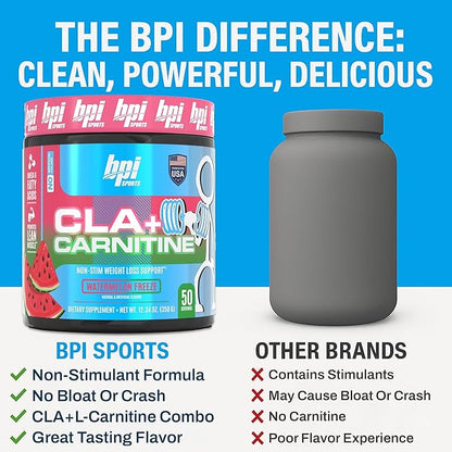 BPI Sports CLA+Carnitine–Conjugated Linoleic Acid–Weight Loss Formula –Metabolism, Performance, Lean Muscle–Caffeine Free–For Men & Women–Watermelon Freeze–50 servings – 12.34 oz.(Packaging May Vary)