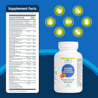 Core Med Science Liposomal Methylated Multivitamin B-Complex, 90 Softgels - Non-GMO Active Super B Complex Vitamin Supplement for Heart Health - VIT Methyl B Complex Immune Support Supplement