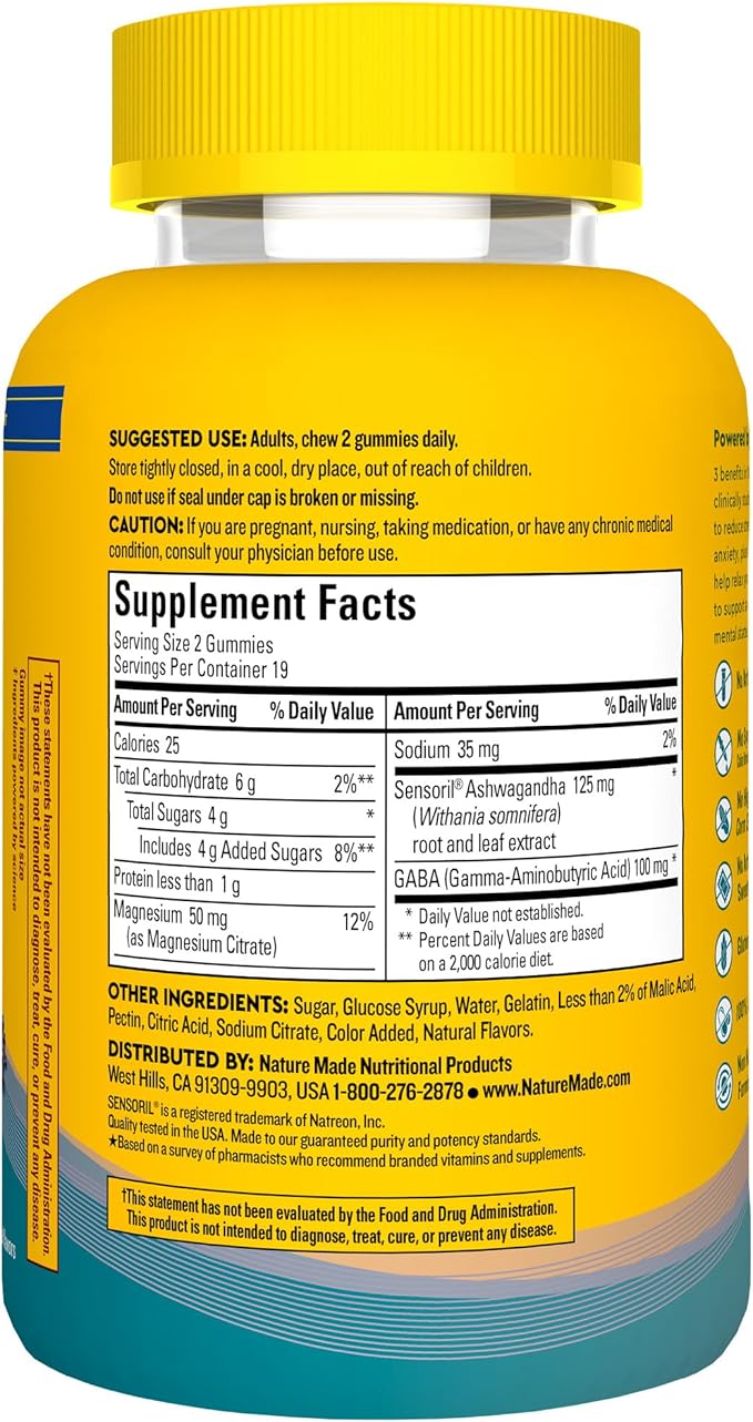 Nature Made Wellblends Calm Mind & Body, Magnesium Citrate, Ashwagandha 125mg & GABA 100mg Blend for Stress Relief, 38 Gummy Vitamins