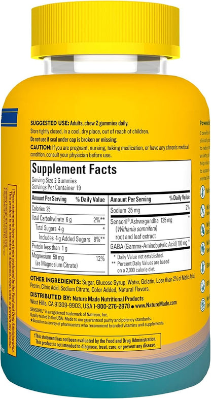Nature Made Wellblends Calm Mind & Body, Magnesium Citrate, Ashwagandha 125mg & GABA 100mg Blend for Stress Relief, 38 Gummy Vitamins