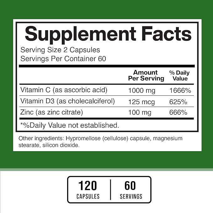 American Standard Supplements Zinc 100mg, Vitamin C 1000mg, and Vitamin D3 5000 IU (125mcg) Per Serving - Gluten Free, Non-GMO, 120 Capsules, 60 Servings