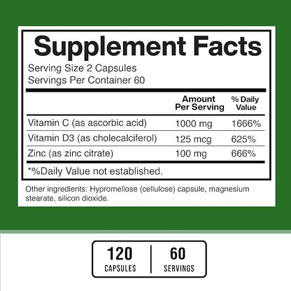 American Standard Supplements Zinc 100mg, Vitamin C 1000mg, and Vitamin D3 5000 IU (125mcg) Per Serving - Gluten Free, Non-GMO, 120 Capsules, 60 Servings