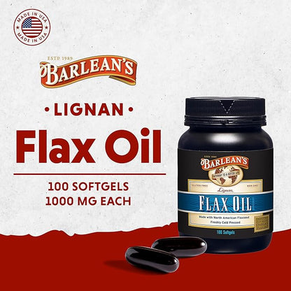 Barlean's Lignan Flaxseed Oil Softgels, Cold-Pressed Flax Seed Supplement with 1,550 mg ALA Omega-3 Fatty Acids, 1000mg, 100 ct