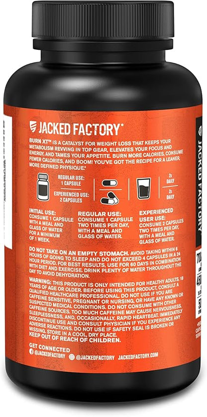 Jacked Factory Burn-XT Clinically Studied Fat Burner & Weight Loss Supplement - Appetite Suppressant & Energy Booster - with Acetyl L-Carnitine, Green Tea Extract and More - 60 Natural Diet Pills