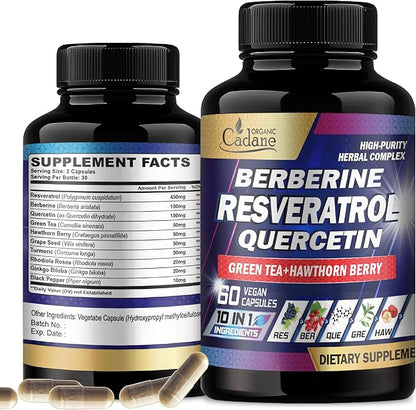 Organic Cadane Resveratrol Supplement - 10in1 Plus with Quercetin, Berberine, Green Tea, Grape Seed, Hawthorn Berry, Turmeric, Rhodiola Rosea, Ginkgo Biloba, and Black Pepper - 60 Capsules
