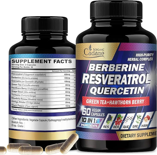 Organic Cadane Resveratrol Supplement - 10in1 Plus with Quercetin, Berberine, Green Tea, Grape Seed, Hawthorn Berry, Turmeric, Rhodiola Rosea, Ginkgo Biloba, and Black Pepper - 60 Capsules