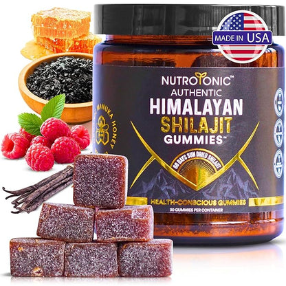NutroTonic® Authentic Himalayan SHILAJIT Gummies | No Added Sugars | Organic Raspberry Vanilla Flavor | Sweetened by Organic Manuka Honey MGO +263 | Brain, Heart, Cellular Health | 30 Healthy Gummies