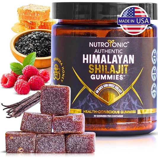 NutroTonic® Authentic Himalayan SHILAJIT Gummies | No Added Sugars | Organic Raspberry Vanilla Flavor | Sweetened by Organic Manuka Honey MGO +263 | Brain, Heart, Cellular Health | 30 Healthy Gummies