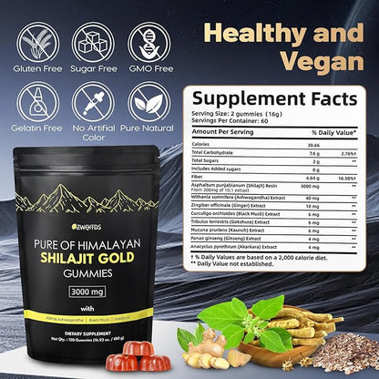 Shilajit Gummies with Ashwagandha & Turmeric - The Ultimate Organic, Vegan-Friendly Health Boost! Zero Sugar, Immunity Support for Men & Women - 120 Count! (Bag Pack)