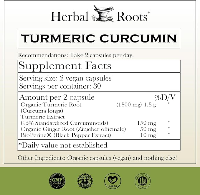 Herbal Roots - Turmeric Curcumin Capsules - Extra Strength - 1000mg Pure Organic Turmeric Supplement, 95% Standardized Curcumin Extract with BioPerine Pepper and Ginger