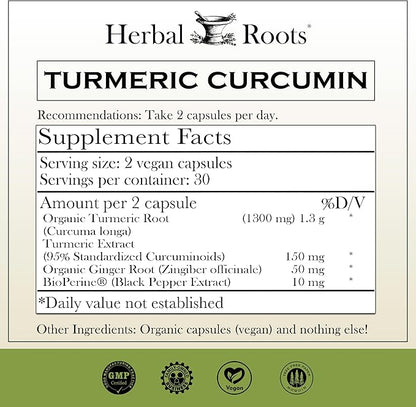 Herbal Roots - Turmeric Curcumin Capsules - Extra Strength - 1000mg Pure Organic Turmeric Supplement, 95% Standardized Curcumin Extract with BioPerine Pepper and Ginger