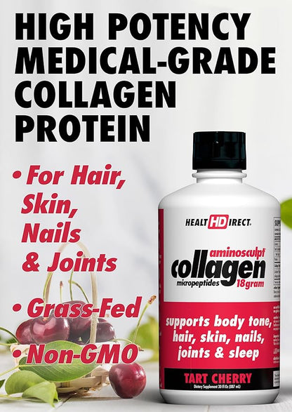 HEALTH DIRECT AminoSculpt Sugar-Free Collagen Supplement - High Potency Medical-Grade Protein for Hair, Skin, Nails & Joints, Grass-Fed, Non-GMO, Liquid Collagen - Tart Cherry - 30 Fl Oz