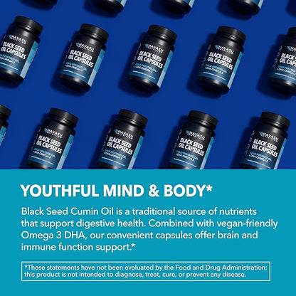 Black Seed Oil with DHA Supplement for Brain Health and Cognition - Cold Pressed Black Cumin Seed Oil and DHA Omega 3-60 Liquid Capsules, Unflavored, Vegan, Non-GMO, and Gluten-Free - 1 Month Supply