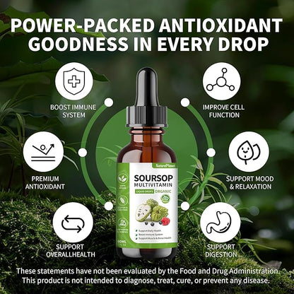 Organic Soursop Bitters Liquid Drops with Vitamin B6, C, D3 Soursop Multivitamin Liquid for Gut Detox Bone Health & Immune Boost Daily Health Support Gluten-Free Vegan & Organic - 4 Fl Oz, 120 ml