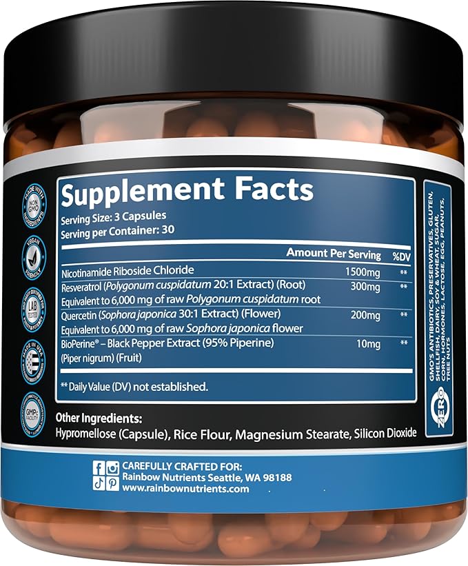 13,510mg NAD+ Supplement- Nicotinamide Riboside, Resveratrol, Quercetin & BioPerine® (High Absorption)- Liposomal NAD Booster for Anti-Aging, Cellular Energy, Skin- For Women & Men- 90 V Capsules