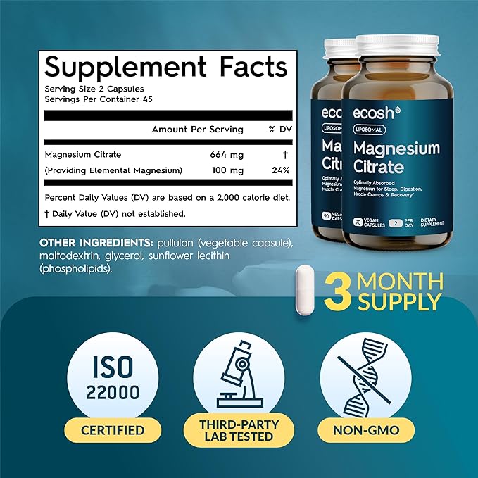 Liposomal Magnesium Citrate Capsules — High Absorption Magnesium Supplement for Constipation, Sleep, Muscle Cramps & Recovery | High Potency Mg | Easy to Swallow Veg Capsules | Non-GMO | 180 ct