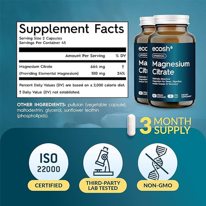 Liposomal Magnesium Citrate Capsules — High Absorption Magnesium Supplement for Constipation, Sleep, Muscle Cramps & Recovery | High Potency Mg | Easy to Swallow Veg Capsules | Non-GMO | 180 ct