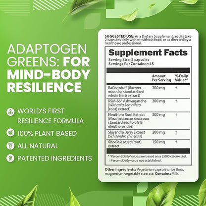 SaltWrap Adaptogen Greens - Mind-Body Resilience Formula - Caffeine-Free Nootropic for Stress, Focus, and Cognitive Performance - 90 Capsules