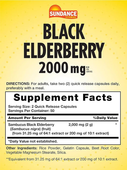 Sundance Sambucus Black Elderberry Capsules | 2000mg | 100 Count | Non-GMO and Gluten Free Supplement