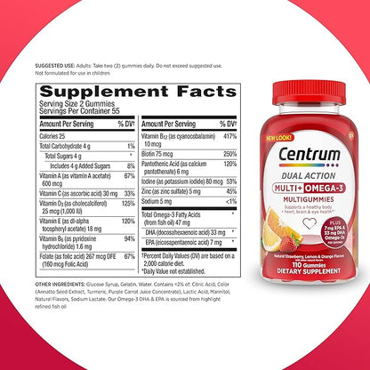 Centrum MultiGummies Multi+ Omega 3 Dual Action, Adult Multivitamin, Multivitamin/Multimineral/Omega 3 Supplement, Strawberry/Lemon/Orange Flavors - 110 Count (Pack of 5)