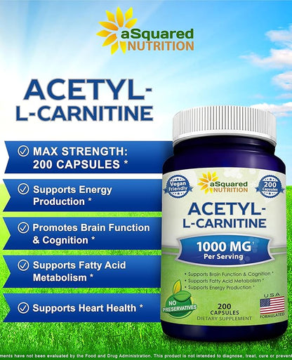 aSquared Nutrition Acetyl L-Carnitine 1000mg Max Strength - 200 Veggie Capsules - High Dosage Acetyl L Carnitine HCL (ALCAR) Supplement Pills to Support Pure Energy, Brain Function & Fatty Acid