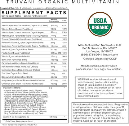 Truvani Daily Organic Multivitamin Supplement - Vegan, Non GMO Tablets with Iron & Biotin - Dairy, Soy, & Gluten Free - 30 Day Supply (90 Tablets)