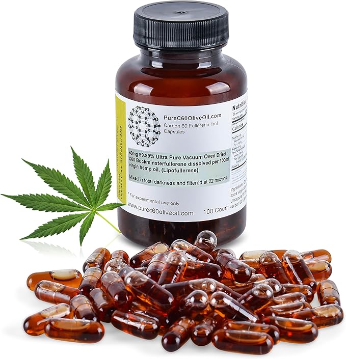 PureC60OliveOil C60 Organic Hemp Seed Oil Capsules Pills 100ml / 3.4 Fl Oz - 99.99% Carbon 60 Solvent Free 80mg - Food Grade - Carbon 60 Hemp Seed Oil - from The Leading Global Producer