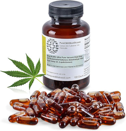 PureC60OliveOil C60 Organic Hemp Seed Oil Capsules Pills 100ml / 3.4 Fl Oz - 99.99% Carbon 60 Solvent Free 80mg - Food Grade - Carbon 60 Hemp Seed Oil - from The Leading Global Producer