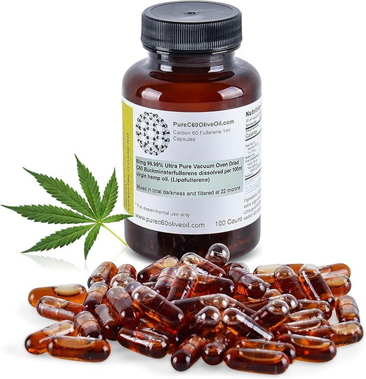 PureC60OliveOil C60 Organic Hemp Seed Oil Capsules Pills 100ml / 3.4 Fl Oz - 99.99% Carbon 60 Solvent Free 80mg - Food Grade - Carbon 60 Hemp Seed Oil - from The Leading Global Producer