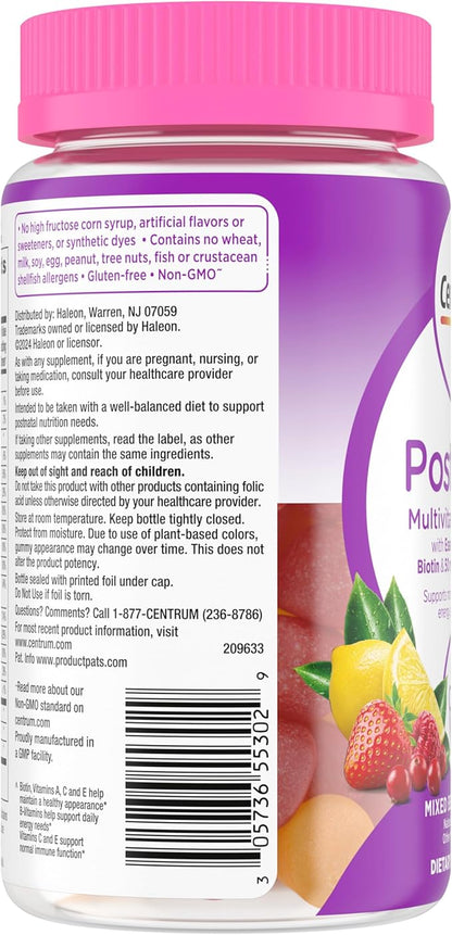 Centrum Postnatal Multivitamin Gummies with Biotin and DHA, Mixed Berry and Lemon Flavors - 60 Count, 30 Day Supply