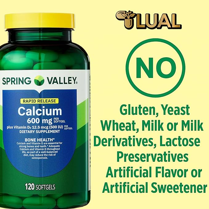 Spring Valley Calcium 600 mg + Vitamin D3, 120 Softgels | Bone Health, Strong Teeth & Osteoporosis Support | Rapid-Release Capsules, Gluten-Free Supplement Bundle with Luall's 45 Diabetes Decoded