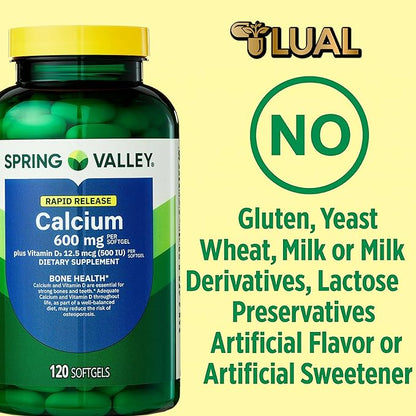 Spring Valley Calcium 600 mg + Vitamin D3, 120 Softgels | Bone Health, Strong Teeth & Osteoporosis Support | Rapid-Release Capsules, Gluten-Free Supplement Bundle with Luall's 45 Diabetes Decoded