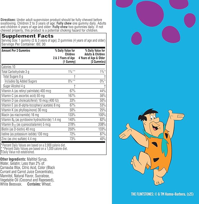 Flintstones Multivitamins for Kids, Sugar Free Kids Multivitamin Gummies, with Vitamins A, C, E, B6 & B12, Raspberry Flavored Gummy Vitamins, 60 Count