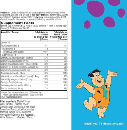 Flintstones Multivitamins for Kids, Sugar Free Kids Multivitamin Gummies, with Vitamins A, C, E, B6 & B12, Raspberry Flavored Gummy Vitamins, 60 Count