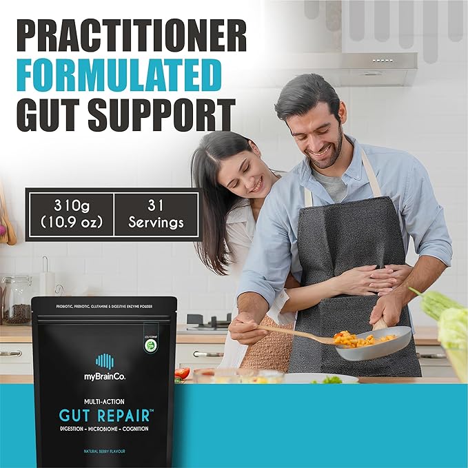 myBrainCo Gut Repair - Gut Health & Digestion Supplement for IBS, Bloating, Reflux & Leaky Gut - Low-FODMAP Certified with Probiotics, Prebiotic Fibre, Digestive Enzymes, Glutamine, Marshmallow (310g)