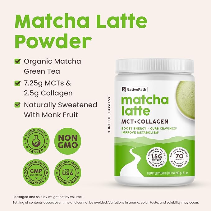 NativePath Collagen Peptides - Hydrolyzed Type 1 & 3 Collagen. Keto & Paleo Grass-Fed Protein Powder for Hair, Skin, Nails, Bones, Joints, Digestion and More - No Gluten or Dairy (Matcha Latte, 230g)