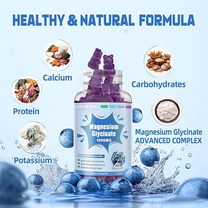 Magnesium Glycinate Gummies 1000mg - Sugar Free Magnesium Potassium Supplement with Vitamin D, B6, CoQ10 for Calm Mood & Sleep Support - 60 Blueberry Gummies