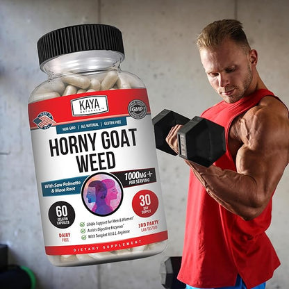 Kaya Naturals Horny Goat Weed Extract with Maca - Complex with Saw Palmetto Ginseng, Arginine Vitamin Supplement - Horny Goat Weed - 60 Count