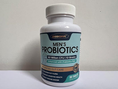 ZEBORA Probiotics for Men and Prebiotics for Digestive Health, 90 Tablets, 60 Billion CFUs for Immune and Gut Health, 10 Strains, Hypoallergenic Probiotics, Shelf Stable, Gluten & Soy Free