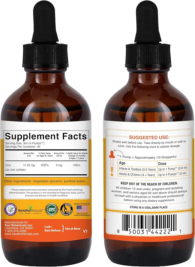 Sandhu Herbals Liquid Zinc Drops 4 Oz & Zinc Capsules 60 Count Supplement | Supports Immune and Skin Health| Made in USA