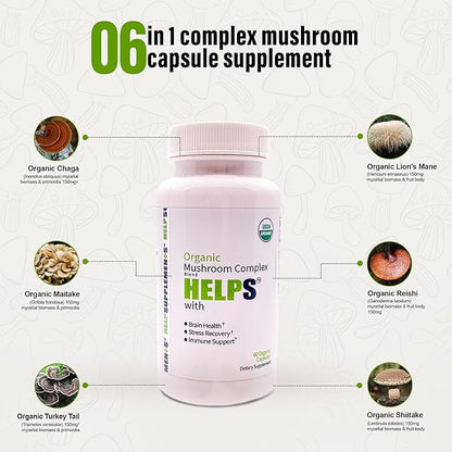 Organic Mushroom Complex Capsules | 6-in-1 Mushrooms Supplement | Brain Health, Immune Support System, Memory & Energy | 1000mg Cordyceps, Chaga, Lion’s Mane, Reishi, Shiitake & Turkey Tail Extract