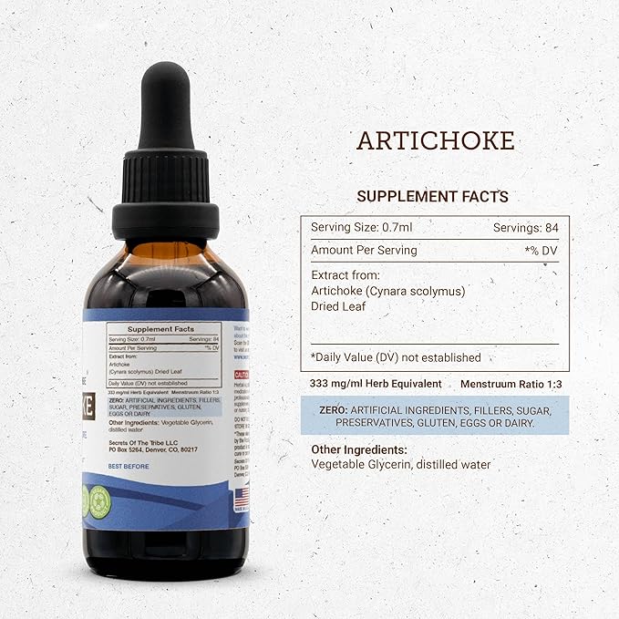 Secrets of the Tribe Artichoke Tincture Alcohol-Free Liquid Extract, Artichoke (Cynara scolymus) Dried Leaf (2 FL OZ)