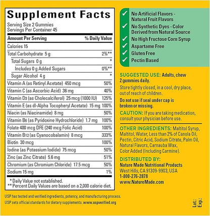 Nature Made Zero Sugar Multivitamin Gummies, Daily Nutritional Support Vitamin Supplements, Aspartame Free, 90 Sugar Free Gummies, 45 Day Supply