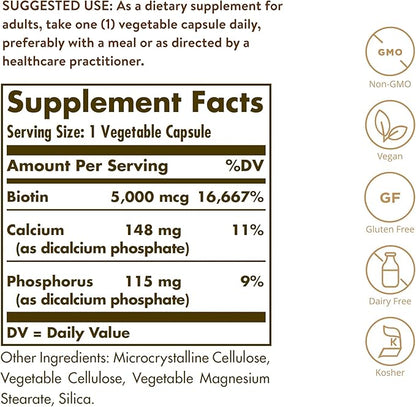 Solgar Biotin 5000 mcg - Promote Healthy Skin, Nails & Hair - Supports Energy Production, Protein, Carbohydrate & Fat Metabolism - Vitamin B - Non GMO, Vegan, Gluten Free - 100 Servings, Unflavored, Standard Packaging, 100 Count